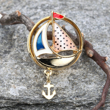 Detail View 1 of A Pair of Golden Sail Boat Anchor Dangle Ear Gauge Plug-Gold